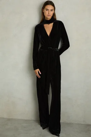 Reiss Vera Velvet Belted Wide Leg Jumpsuit42