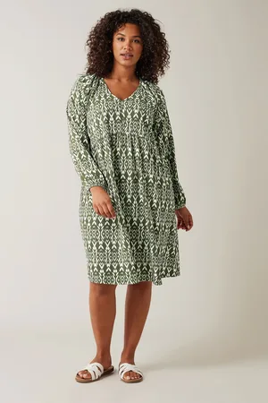 Evans Olive Green Ikat Crinkle Midi Dress58-60