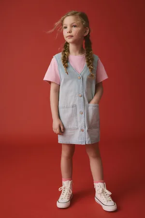 Next Denim Pinafore 100% Cotton Dress and T-Shirt Set (3-16yrs)166168cm