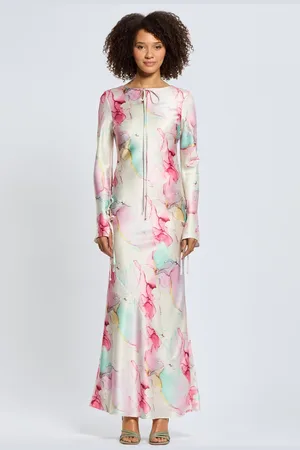 DASKA Sali Maxi Dress With Long Sleeves And Neck Tie Detailslarge