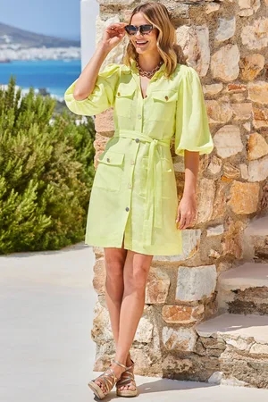 Sosandar Linen Blend Puff Sleeve Utility Shirt Dress44