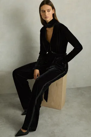 Reiss Vera Velvet Belted Wide Leg Jumpsuit44