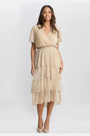 Gina Bacconi Gold Cheri Metallic Knit Tiered Dress48