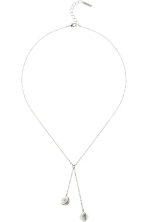 Karen Millen Silver Tone Logo Pearl Double Drop Necklaceeen