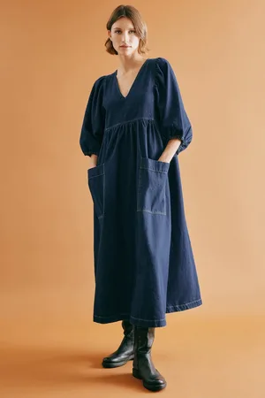 Albaray Blue Dark Denim V-Neck Midi 100% Cotton Dress38