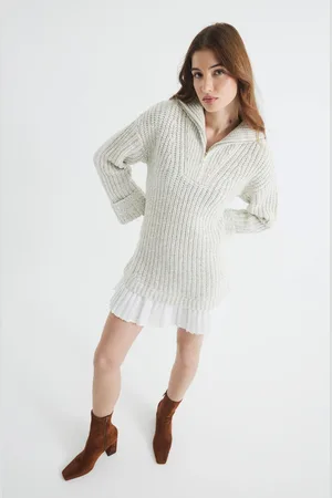 River Island Knit Half Zip Pleated Jumper DressM