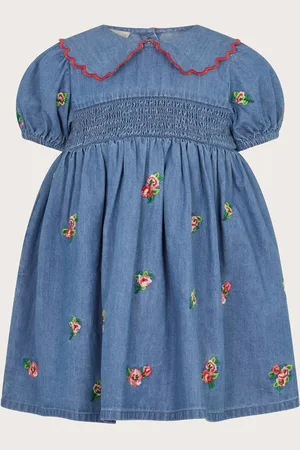 Monsoon Baby Floral Print Embroidered Chambray 100% Cotton Dress2