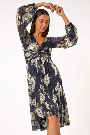 Roman Foil Print Twist Front V-Neck Plisse Dress44