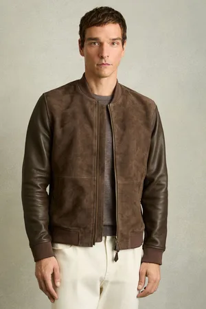 Reiss Block Leather-Sleeve Suede Bomber JacketM
