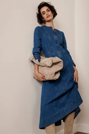 mint&berry Indigo Puff Sleeve Denim 100% Cotton Midi Dress44