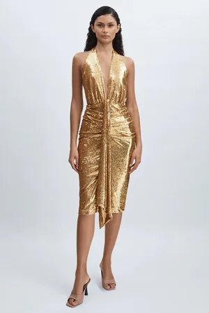 Halston Heritage Gold Sequin Halterneck Plunge Dress38