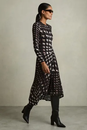 Reiss Halle Houndstooth-Print Ruched Midi DressXS