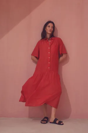 Next Short Sleeve Drop Waist 100% Cotton Maxi Shirt Dress40