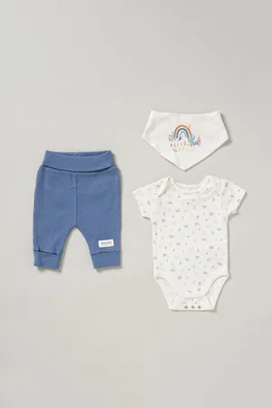 HOMEGROWN Blue 3-Piece Bodysuit Joggers And Reversible Bib Outfit Set6