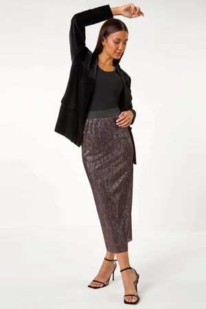Roman Foil Plisse Pleated Pencil Skirt48