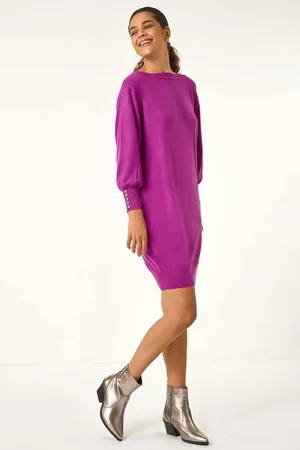 Roman Button Detail Slash Neck Knitted Stretch Jumper Dress40
