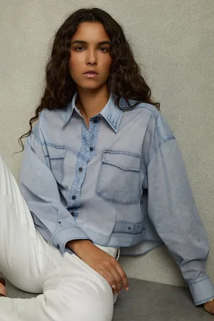 Reiss Darcy Cotton Denim-Print Cropped Shirt34