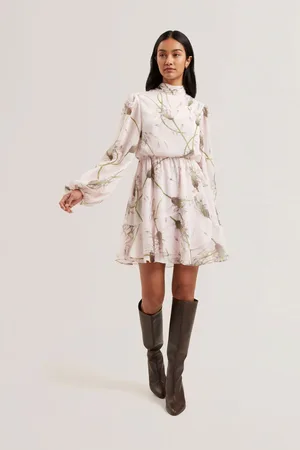Ted Baker Arakas Printed Long Sleeve Neck Tie Mini Dress44