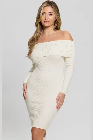 Guess Cream Amber Knitted Pearl Off Shoulder 100% Cotton DressXL