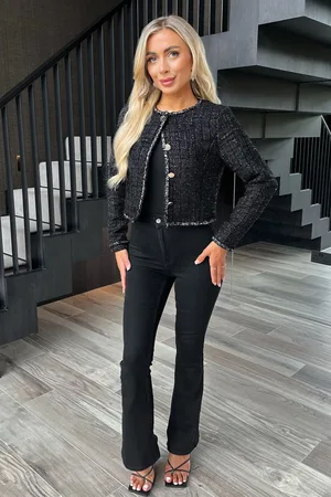 Ax Paris Sparkle Tweed Contrast Hem Detail Cropped Black Jacket36