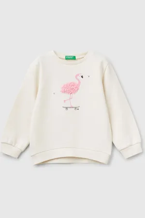 Benetton Ben Girls Cream Graphic Embroidered 100% Cotton Sweatshirt104110cm