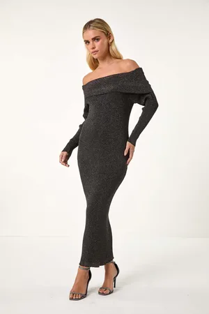 Roman Petite Metallic Knit Bardot Midi Dress36