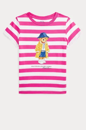Ralph Lauren Girls Striped Polo Bear 100% Cotton Pink/White Jersey T-Shirt3 Jaar (98cm)