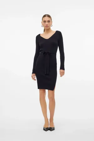VERO MODA Long Sleeve V-Neck Belted Rib Dress44