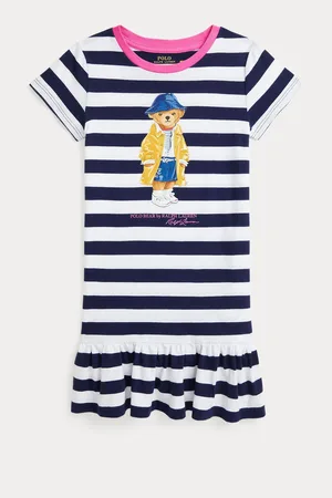 Ralph Lauren Girls Striped Polo Bear 100% Cotton Jersey Blue/White Dress13 Jaar (158cm)