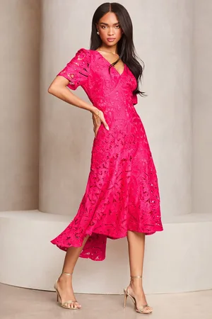 Lipsy London Premium Broderie Lace Short Sleeve V-Neck High Low Midi Dress44