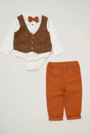 Little Gent Mock 100% Cotton Brown Waistcoat Bow Tie Outfit Set24 maanden (92 cm)