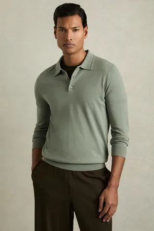 Reiss Trafford Merino Wool Long-Sleeve Polo ShirtM