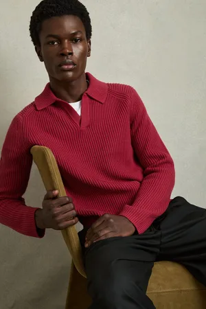 Reiss Kingston Rib Knit Open Collar Polo ShirtM