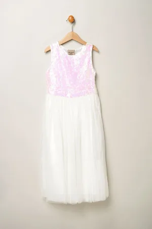 MISS Sequin Bow Tulle Skirt White Dress6