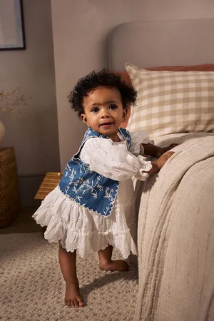 Next 100% Cotton Woven Baby Broderie Dress And Denim Waistcoat Set (0mths-2yrs)56cm