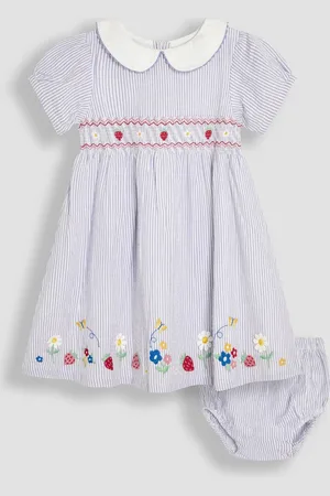 JoJo Maman Bébé Seersucker Appliqué Smocked 100% Cotton Dress9298cm