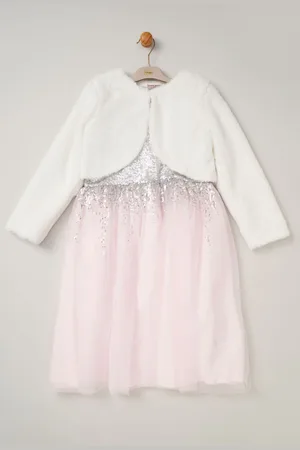 MISS Sequin Waterfall Dress With Faux Fur Bolero Outfit Set4