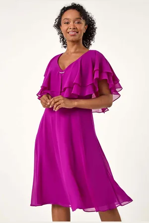 Roman Petite V-Neck Flare Trim Detail Cape Dress42
