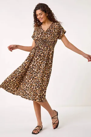 Roman Animal Print Shirred Midi Dress40