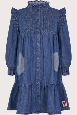 Monsoon Long Sleeve Ruffle Heart Denim 100% Cotton Dress116122cm