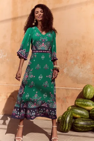 Love & Roses Woodblock Printed V-Neck Kimono Sleeve Midi Dress42