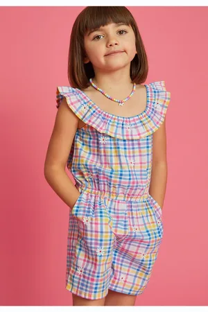 Accessorize Floral Embroidered Check Bardot Girls Playsuit122128cm