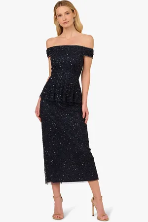 Adrianna Papell Blue Bead Mesh Peplum Dress38