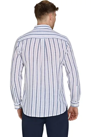 Raging Bull Long Sleeve Resort Stripe 100% Cotton Linen Look White ShirtX-large