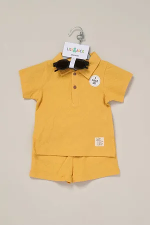 LILY & JACK Yellow Jacquard 100% Cotton Jersey Polo Shirt, Shorts and Sunglasses Outfit Set8086cm