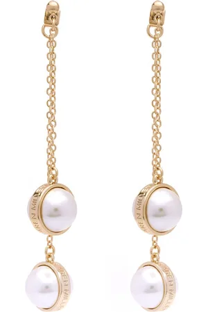 Karen Millen Gold Tone Logo Pearl Double Drop Earringseen