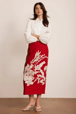 mint&berry Floral Print Pencil 100% Linen Skirt40