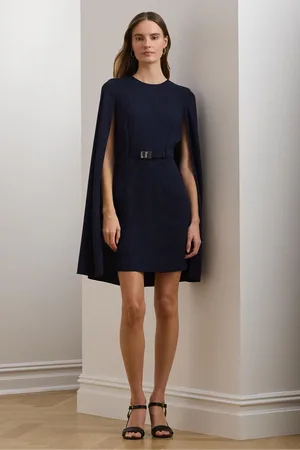 Ralph Lauren Blue Belted Cape Georgette Cocktail Dress44