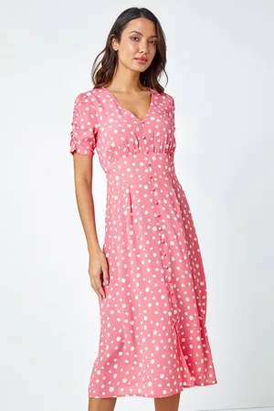 Roman Polka Dot Ruched Sleeve Midi Dress44
