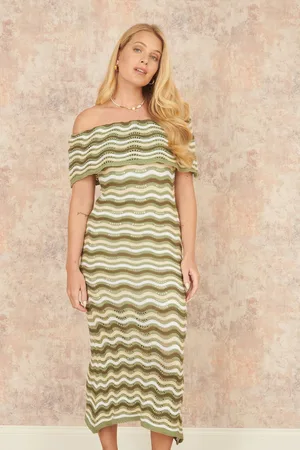 Yumi Stripe Crochet Knit Bardot Midi Dresslarge